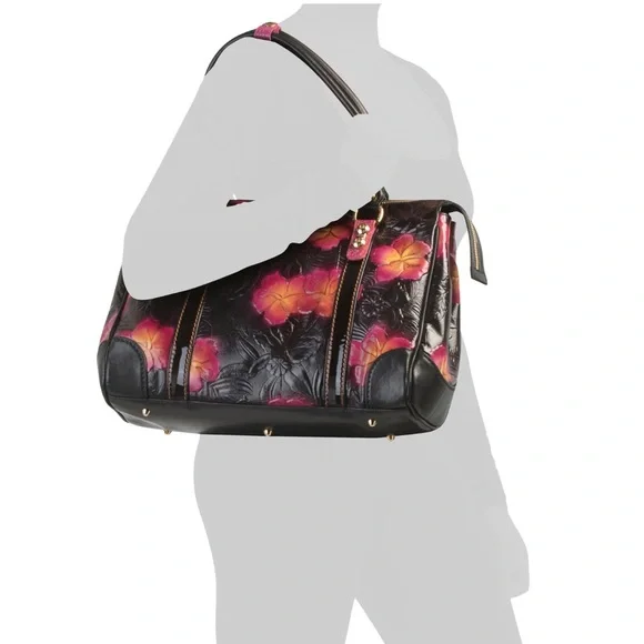 NWT-Marino Orlandi-Embossed Leather Satchel-Black-Tropical 🌺 Flowers-Italian 🇮🇹 - Picture 16 of 16